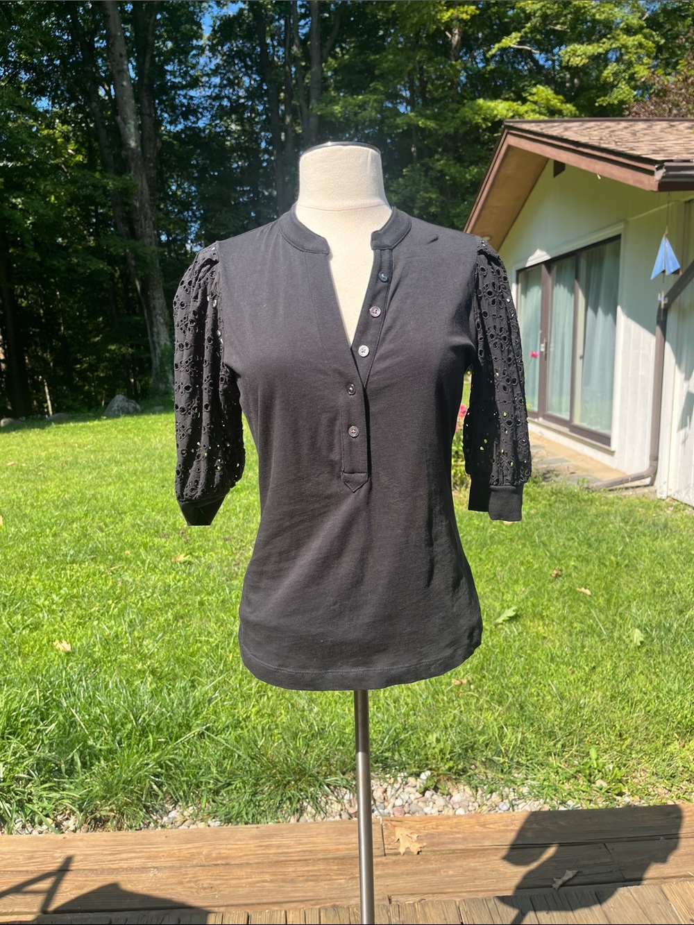 Veronica Beard Black Eyelet Puff Sleeve Henley